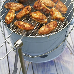 Grilled chicken wings and saucepan containing herb dressing, on barbecue grill, close-up, high angle view