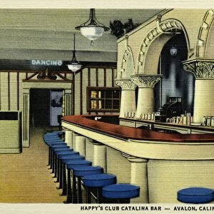 Happys Club Catalina Bar. ca. 1937, Avalon, California, USA, HAPPYs CLUB CATALINA BAR-AVALON, CALIFORNIA. HAPPYs CLUB CATALINA BAR. Avalons Most Beautiful and Smartest Rendezvous. DANCING FOOD ENTERTAINMENT. See and meet many celebrities of the stage and screen. L. Happy Hacker