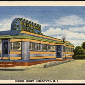 Hightstown Diner. ca. 1949, Hightstown, New Jersey, USA, MERCER STREET, HIGHTSTOWN, N. J. HIGHTSTOWN DINER, N. J. ROUTE 33-HIGHTSTOWN, N. J. PHONE: HI. 8-9841. Air-Conditioned-Specializing in Turkey-Steaks-Chops-Sea Food