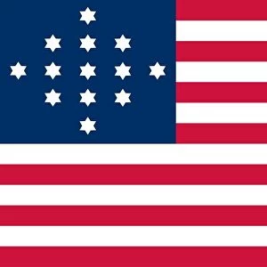 Historical flag of the United States of America. The Hulbert Flag, discovered in a Long Island, NY attic in 1927, may have been carried by Capt. John Hulbert in 1775