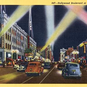 Hollywood Boulevard at Night Postcard. ca. 1940, Hollywood Boulevard at Night Postcard