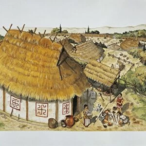 Illustration representing reconstruction of dwelling hut, late bronze-early iron age, Mycenae, Greece