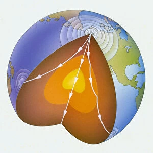 Illustration showing sectioned view of Earth displaying internal forces when earthquakes occurs