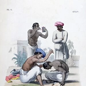 Indian barbers: In the foreground a Sepoy is being shaved. His uniform lies on the ground