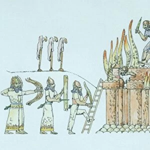 Iran, Hasanlu, Reconstructed attack and fire of Assyrian palace, illustration