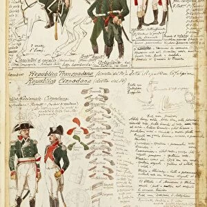 Italian military uniforms at the time of Napoleon government in Lombardy. Color plate by Cenni Quinto