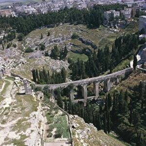 Italy, Apulia Region, Province of Bari, Aerial view of Roman aqueduct at Gravina in Puglia