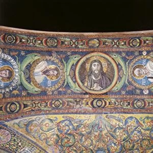 Italy, Emilia Romagna Region, mosaic with faces of Jesus Christ, St Andrew, St Peter St Paul and St James