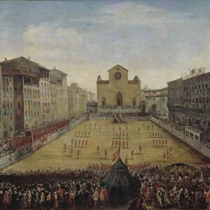 Italy, Florence, Piazza Santa Croce with Florentine football game or costume football game in 1739, painting