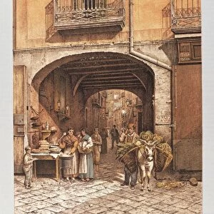 Italy, A glimpse of Naples, lithograph by Francesco Aversano from Old Naples by Raffaele D Ambra, 1889