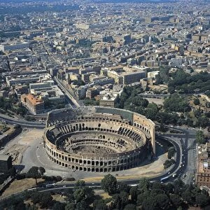Italy, Latium region, Rome. Aerial view of Colosseum or Flavian Amphitheater