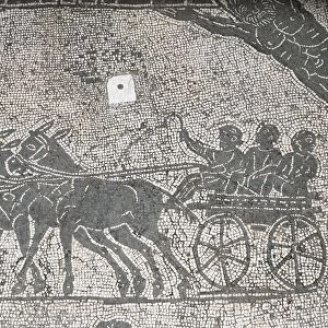 Italy, Lazio Region, Ostia Antica, Corporations Square, Mosaic work depicting cart hauled by two mules