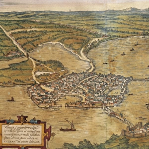 Italy, Mantua, View of the city, color engraving from Civitates Orbis Terrarum by Georg Braun (1541-1622) and Franz Hogenberg (1535-1590)