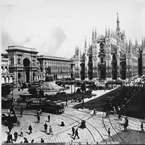 Italy, Milan, Duomo Square, people and trams, 20th century