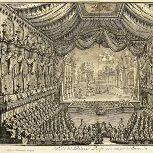 Italy, Milan, Vocal and instrumental concert in a hall of the Royal Palace in Naples, engraving, 1749