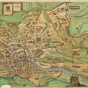 Italy, Perspective map of Rome with old buildings, engraving by Georg Braun and Franz Hogenberg, Cologne, 1597