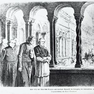 Italy, Rome, Franz Liszt (1811-1886) and Pope Pius IX (1792-1878) in the cloister of San Giovanni in Laterano, woodcut, 1865