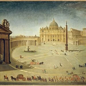 Italy, Rome, Saint Peters Square with Saint Peters Basilica and Berninis colonnade, painting