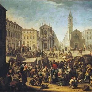 Italy, Turin, market in Piazza San Carlo with twin Cchurches St. Christina and St. Charles in background by Giovanni Michele Granieri