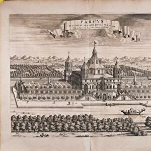 Italy, Turin, Royal Park, Castle (destroyed in 1706) by anonymous artist, engraving from drawing by Morello from Theatrum Sabaudiae, 1682