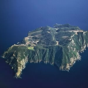 Italy, Tuscany, Province of Livorno, Tuscan Archipelago National Park, Aerial view of Island of Gorgona