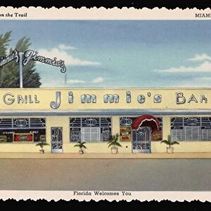 Jimmies Bar and Grill. ca. 1944, Miami, Florida, USA, Jimmies on the Trail. MIAMI, FLORIDA. Florida Welcomes You. Jimmies on the Trail Bar, Liquor Store and Grill, Famous for Charcoal Broiled