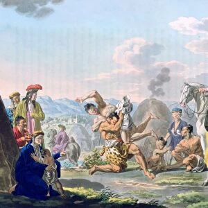Kalmyk men wrestling. Russian lithograph of 1813. Mongolic nomadic pasturists originating
