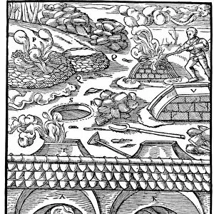 Lead smelting. From Agricola De re metallica, Basel 1556. Woodcut