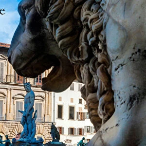 Lion and Fountain of Neptune (Biancone). Piazza Signoria. Firenze. UNESCO World Heritage site. Tuscany. Italy