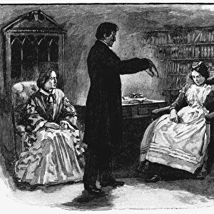 Male hypnotist putting young woman into an hypnotic trance. Wood engraving, 1891