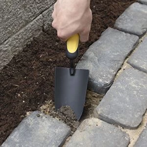 Man removing sand and hardcore between brick pavers with trowel, to form planting pocket, close-up