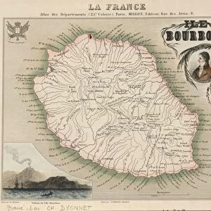 Map of Bourbon Island, present day Reunion Island, engraving by Charles Dyonnet