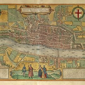 Map of London from Civitates Orbis Terrarum by Georg Braun, 1541-1622 and Franz Hogenberg, 1540-1590, engraving