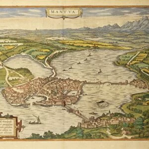 Map of Mantua from Civitates Orbis Terrarum by Georg Braun, 1541-1622 and Franz Hogenberg, 1540-1590, engraving