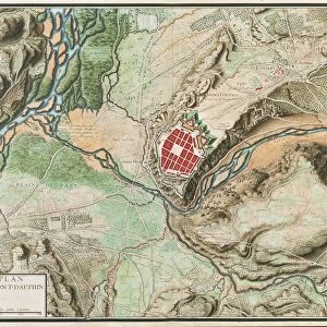 Map of Mont-Dauphin, from, Cartes des environs de Plusieurs places, watercolor drawing, circa 1700