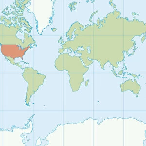 Map of the world, United States of America highlighted in red