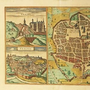 Maps of Urbino and Sulmona, Abruzzo and Marches regions, Italy, from Civitates Orbis Terrarum by Georg Braun, 1541-1622 and Franz Hogenberg, 1540-1590, engraving