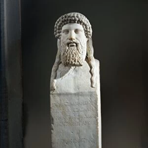 Marble cippus with head of Hermes, copy after original by Alkamenes of 5th century b. c. from Pergamon, Turkey