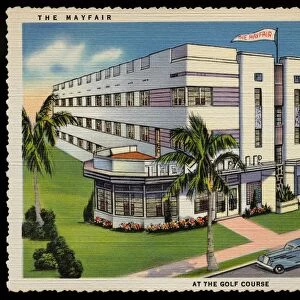 The Mayfair Hotel. ca. 1936, Miami Beach, Florida, USA, THE MAYFAIR, MIAMI BEACH, FLORIDA. AT THE GOLF COURSE. THE MAYFAIR, Park Avenue at 20th St. MIAMI BEACH. New-Modern-Elevator Service-All outside rooms, each with private bath-Close to the Ocean