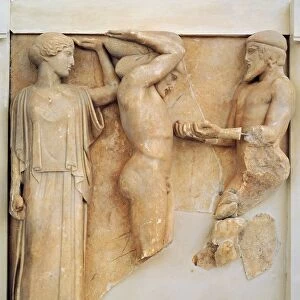 Metope from temple of Zeus with Labours of Heracles, detail of Heracles receiving apples of Hesperides, Circa 460 B. C