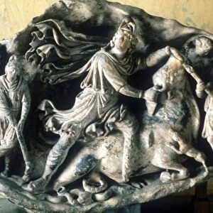 Mithras, ancient Persian god of light and ruler of universe, slaying the bull. Roman