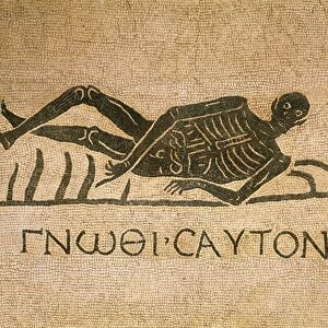 Mosaic depicting human skeleton with inscription Know thyself