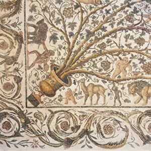 Mosaic of the Silenus from Thysdrus (El Djem), Tunisia, detail, crater with vine-shoots and cupids among the branches, black men, dromedary, elephant and lion, 3rd century a. d