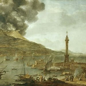 Naples, Vesuvius erupting and Lanterna del Molo, Unknown Nordic artist, Watercolour on paper