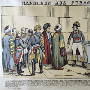 Napoleon in Egypt, 1798, visiting the Pyramids. 19th French popular hand-coloured woodcut
