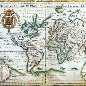 Nautical world map of 1634 by Jean Guerard. Australia is suggested but still unknown territory