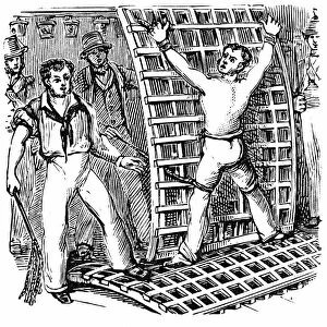 Naval discipline: British sailor, tied to the grating, being flogged with Cat-O-Nine-Tails