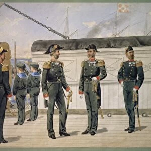 Officers of the Danish Navy in dress uniform. Watercolor by Gustav Brock, 1880