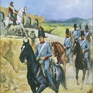 Papal financiers on horseback escorting Garibaldi out of Rome in 1849, following the fall of the Roman Republic, by F. Picchioni, painting
