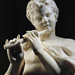 Parian marble statue of young satyr playing flute, detail